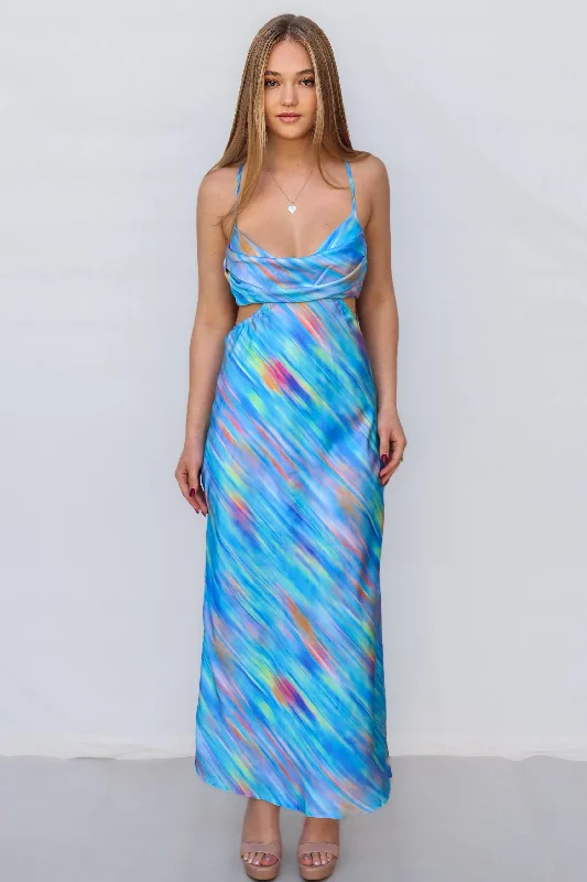 Stylish Women's Outerwear Apparel Comfort Meets Fashion Britney Maxi Dress - Blue Rainbow Stripes