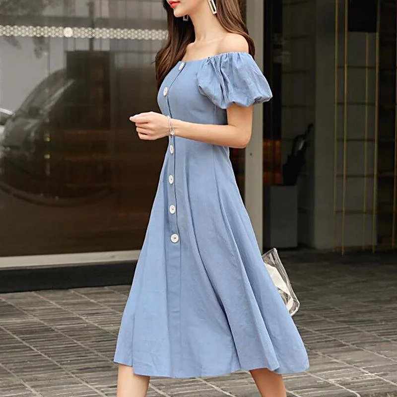 Women's Party Outfit Limited Stock, Big Discounts Blue Wide Neck Puff Sleeve Slim A-line Party Dress