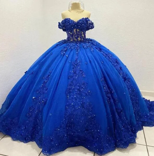 Women's Apparel And Garments Stylish Statements Princess Ball Gown Royal Blue Wedding Dress  Sparkly Appliques Tulle Lace Robes De Ball WD4630