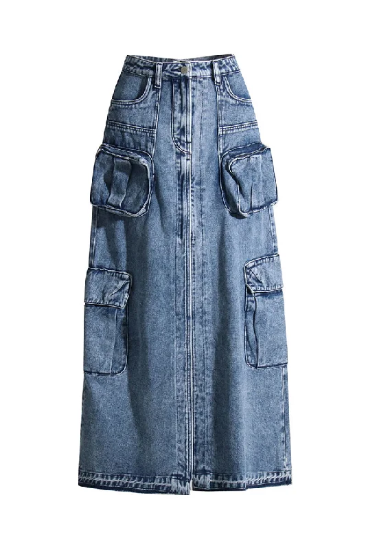 Women's Trendy Clothing Additional Time-Limited Offers Casual High Waist Cargo Pocket Distressed Hem Front Split Denim Midi Skirt