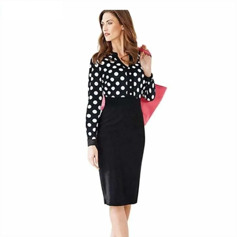 Women's Date Night Outfit Exclusive Discount Black  Polka Dot V Neck Long Sleeve Pencil Midi Dress