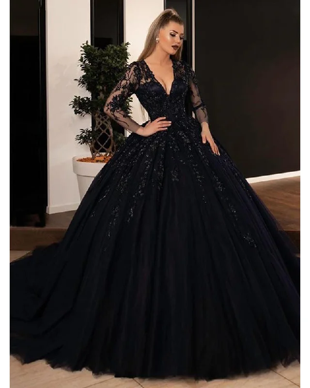 Vintage-Inspired Women's Clothes Fashionista Sale Gorgeous Ball Gown Black Wedding Dresses Long Sleevesd Sequin Lace Appliques Gothic Bridal Gowns  Princess Party Dress Plus Size WD11192