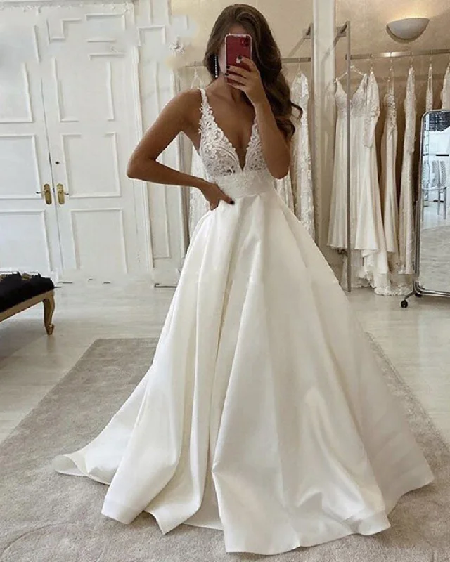 Women's Travel Garments Chic Styles Simple Cheap Price Elegant Satin Ivory Wedding Gown Sexy V neck Bridal Dress Novias WD10108