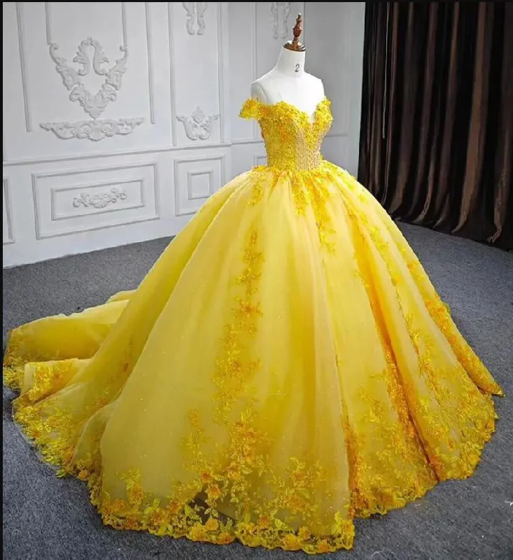 Women's Stylish Professional Garments Trend Leading Collection Beautifu Yellow Wedding Dress Lace Off the Shoulder Ball Gown Formal Dress WD2468