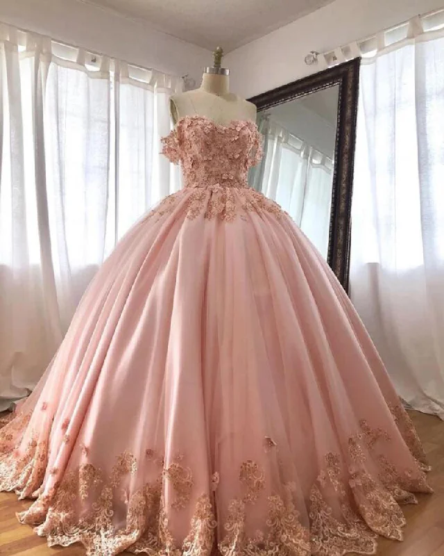 Women's Casual Clothing For Lounging Seasonal Picks Pink Flowers Wedding Dress Off the Shoulder Ball Gown Quinceanera Dress WD0910