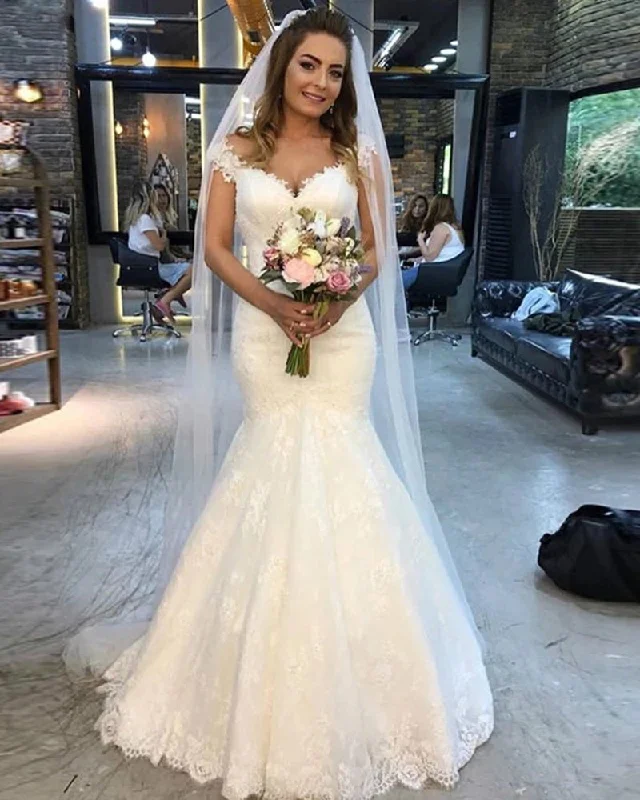 Fashionable Women's Clothing Playful Fashion Offers Stylish Ivory Lace Mermaid Style Bridal Wedding Dresses off the Shoulder Gown WD11022