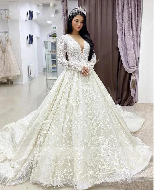 Women's Luxury Garments Ride The Style Wave Luxury Wedding Dresses For Women 2024 Romantic V-neck Long Sleeve Beading Appliques Wedding Gown Vestidos De Novia