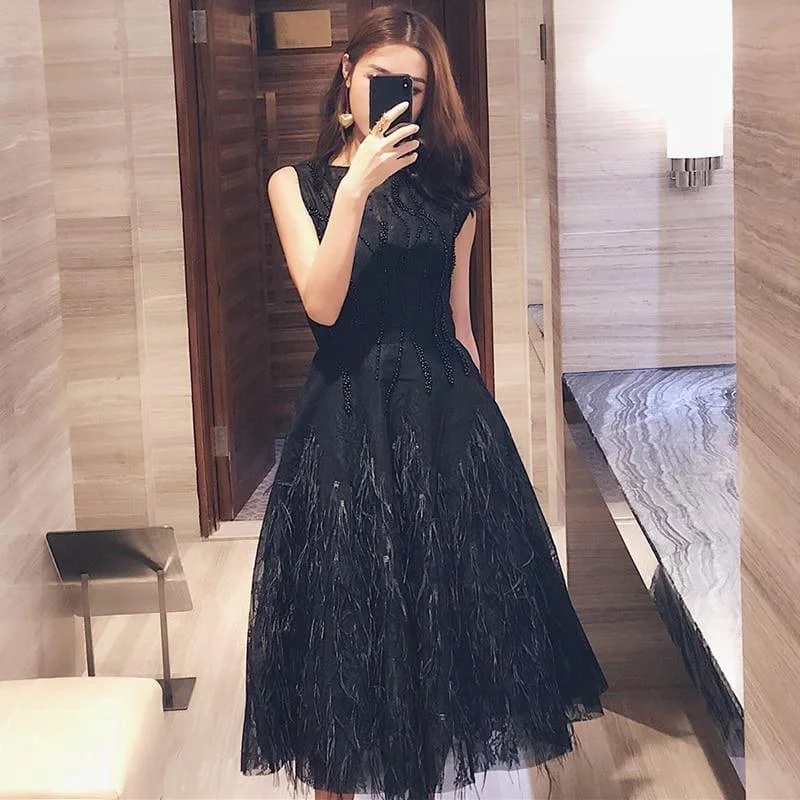 Timeless Women's Clothes Hot Items Summer 2019 Round Neck Sleeveless Embroidery Beading Feather Elegant Fashion  Midi Dress