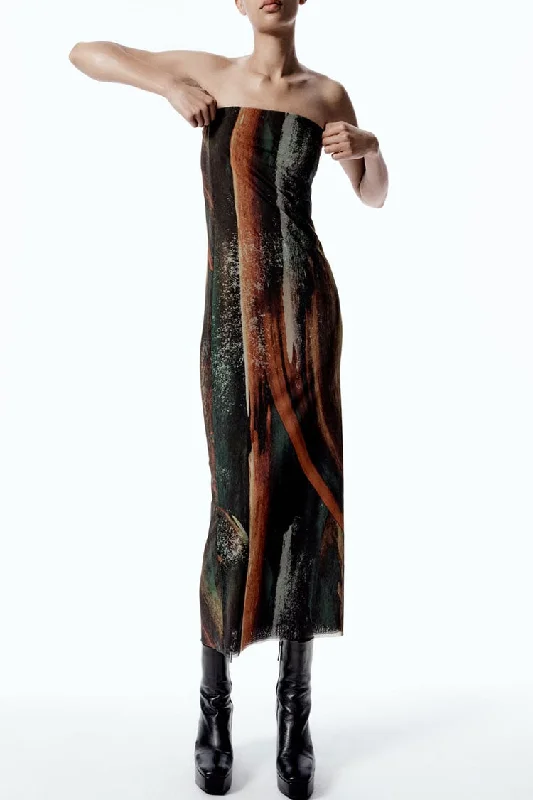 Women's Vintage Clothes New Styles Just In Vintage Style Abstract Printed Summer Strapless Mesh Maxi Dress - Brown