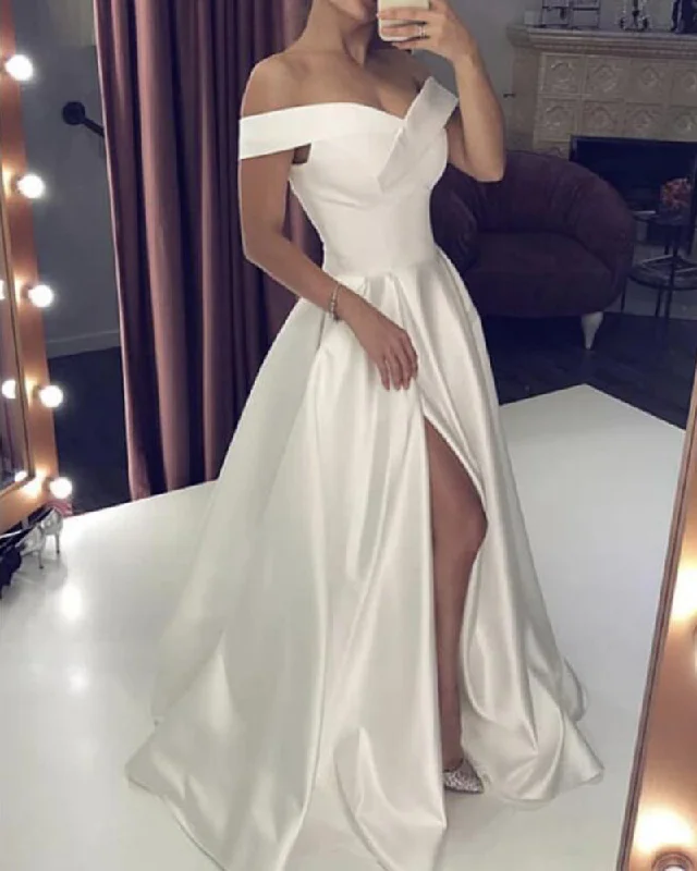 Women's Occasion Wear Clothing Discover Now Elegant Off the Shoulder Ivory/White Formal Wedding Gown A Line Satin Split Party Dress PL0909