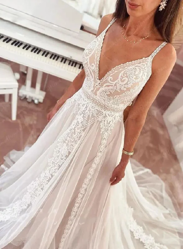 Women's Trendy Casual Outfit Shop The Hottest Deals Plunging V Bohemian Wedding Dress 2024 Vestido Noiva Summer A Line Boho Wedding Gown V Neck Lace Open Back Sleevele