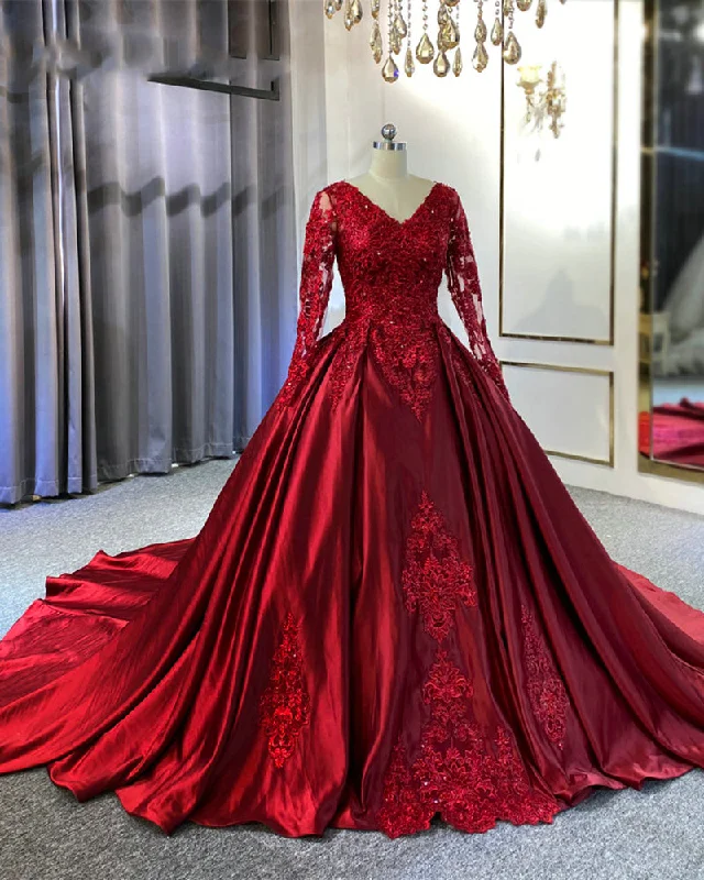 Women's Evening Wear Outfit Unbeatable Deals Vintage Ball Gown Long Sleeves Satin Wine Red Wedding Dress with Lace WD10609