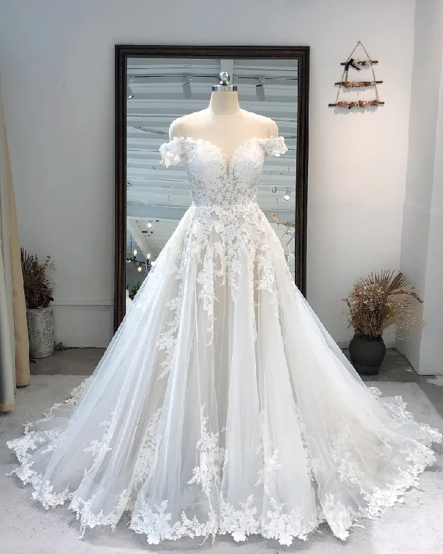 Women's Stylish Outdoor Outfit Stupidly Low Prices Off the Shoulder Vintage Lace Wedding Dresses  White/Ivory A Line Bridal Gown WD10429