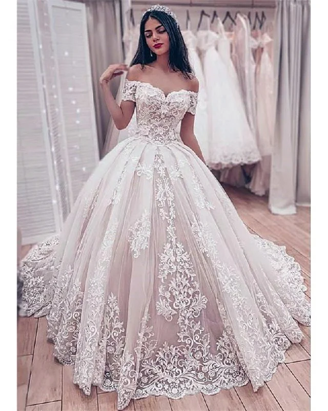 Women's Sports Apparel Fashion Sale Romantic Off the Shoulder Women Lace Wedding Dress Ivory / Blush Pink Ball Gown Bridal Gown WD01207