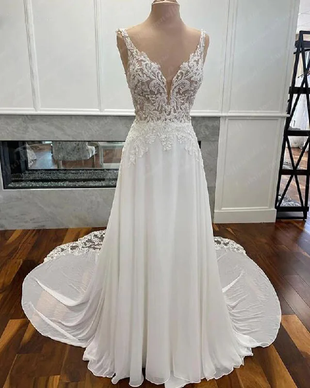 Women's Fashionable Attire For Work Flash Sale, Don'T Miss Luxury Civil Chiffon Wedding Gowns Open Back Vintage Bridal Boho Long Wedding Dresses Lace Appliques V neck Vestido Boda