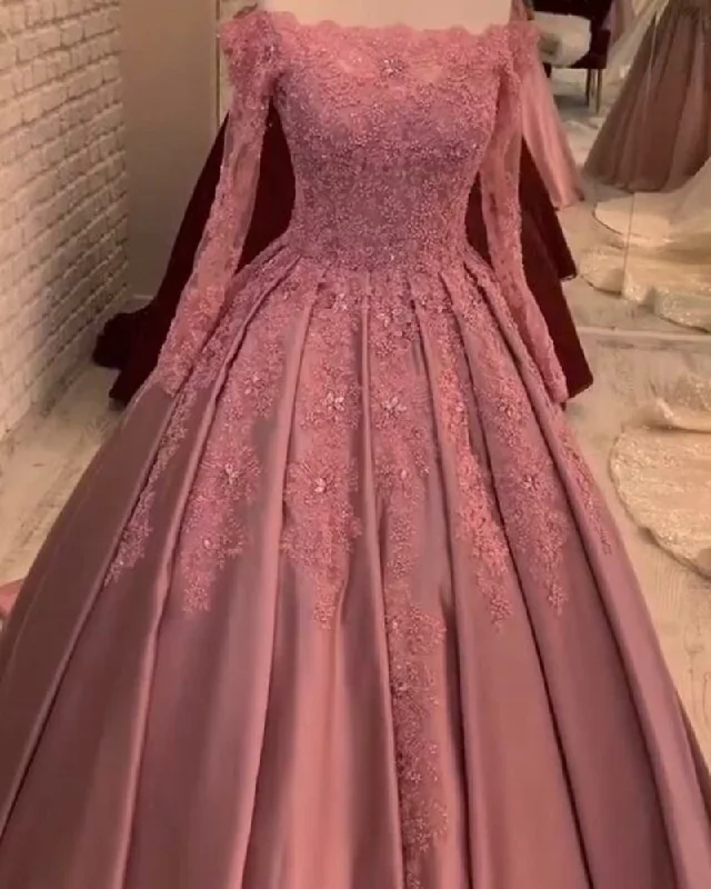 Women's Clothing With Trendy Designs Special Offers Vintage Long Sleeves Lace Dusty Rose Pink Quinceanera Ball Gown Wedding Dress Women Formal Prom Gown WD0919