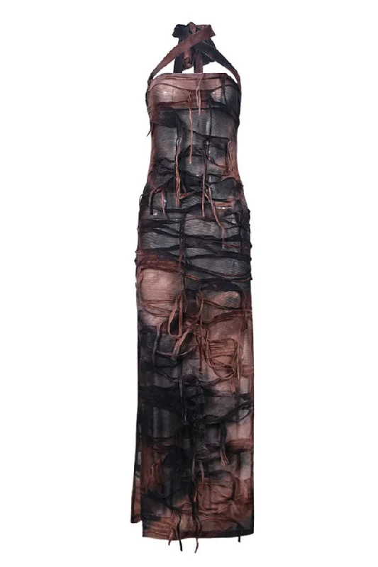 Women's Luxury Apparel Special Offers, Don't Miss Sexy Tie Dye Printed Distressed Fringe Split Bodycon Halter Maxi Dress