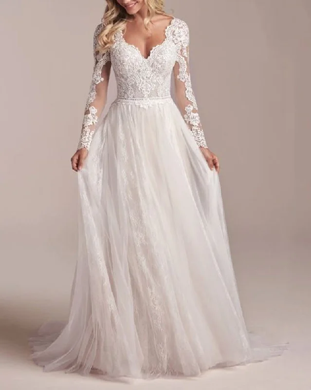 Women's Activewear Apparel Casual Fashion Vintage A Line  Open  Back Long Sleeves Lace boho Wedding Dress Vestido De Novia Cheap Price  WD0112151