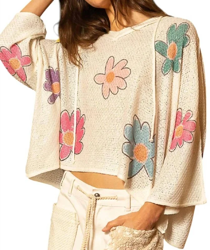 Affordable Trendy Clothes For Women New Styles Just In Flower Print Hoddie Top In Ivory