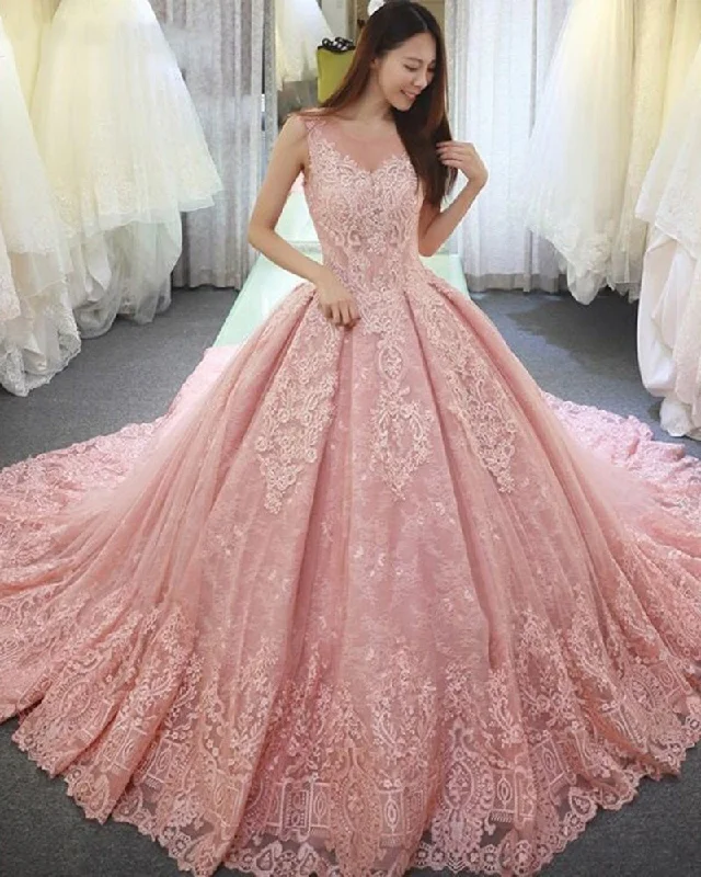 Women's Comfortable Lounge Garments Big Savings Princess Scoop Neck  Lace Pink Wedding Dress Gown WD10505