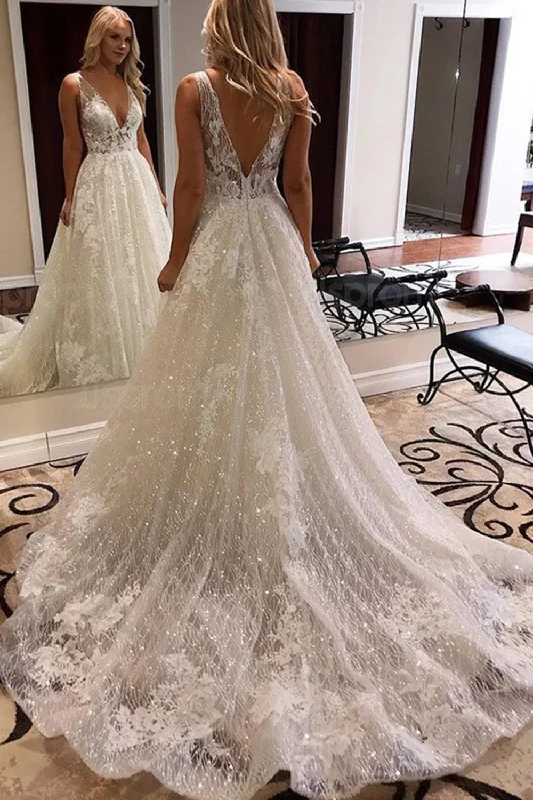 Fashion-Forward Women's Clothing Style Without Limits Luxurious V Neck  Ivory Lace Sequin  Bridal  Gowns Popular Shiny Tulle Beach WD10829 Boho A-Line Wedding Dress 2022 Vestido De Noiva