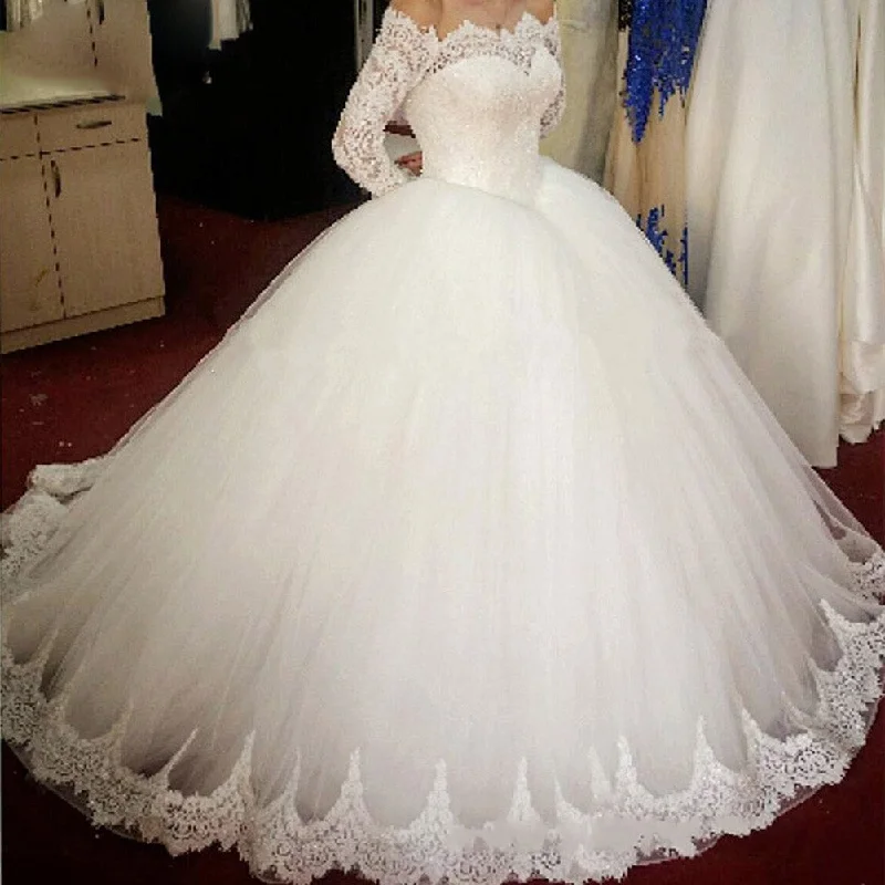 Affordable Women's Clothing Premium Fashion Romantic WD0826 off the shoulder long sleeves Princess Bridal Gown 2020  Poofy Tulle Ball Gown Lace Wedding Dress for Bride