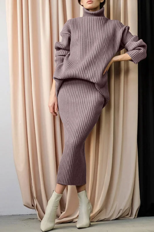 Women's Functional Outdoor Garments Playful Fashion Offers Luxury Winter Rib Knit Turtleneck Oversized Sweater Midi Two Piece Dress - Purple