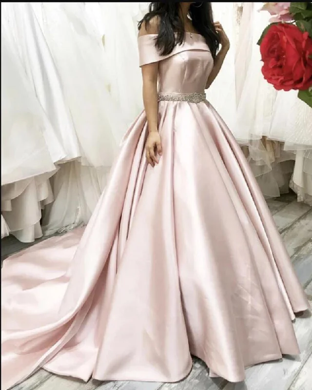 Women's Clothing For Everyday Wear Vintage-Modern Style Offers Elegant Off the Shoulder Pale Pink Ball Gown Wedding Dress ,Women Formal Prom Dress PL10212