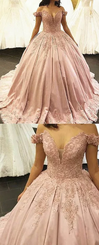 Stylish Outerwear Clothes For Women Avant-Garde Style Promotions Princess Off the Shoulder Satin and Lace Pink Ball gown Wedding Dress Bride Gown Novias WD11121