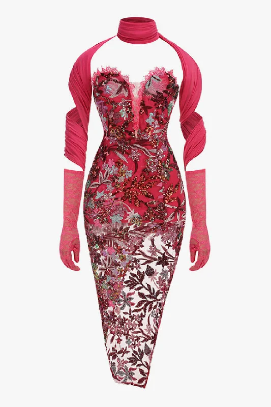 Women's Romantic Outfit Limited Stock, Big Discounts Festive Scarf Glove Ruffle Strapless Embroidered Sequin Cocktail Midi Dress