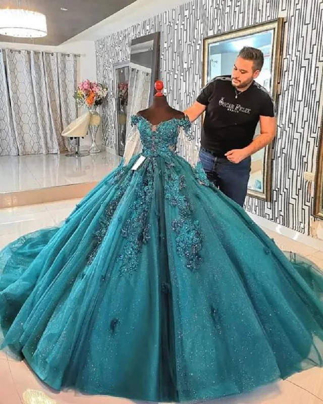 Women's Holiday Clothes Affordable Luxury Fashion Amazing Tailor Made Off the Shoulder Lace Beaded Ball Gown Teal  Wedding Dress Vintage Long Sleeves