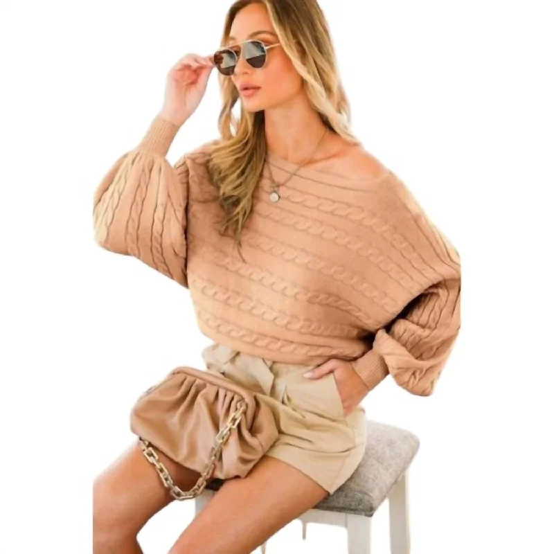 Stylish Women's Attire Fashion Deal Boat Neck Cable Knitted Sweater In Mocha