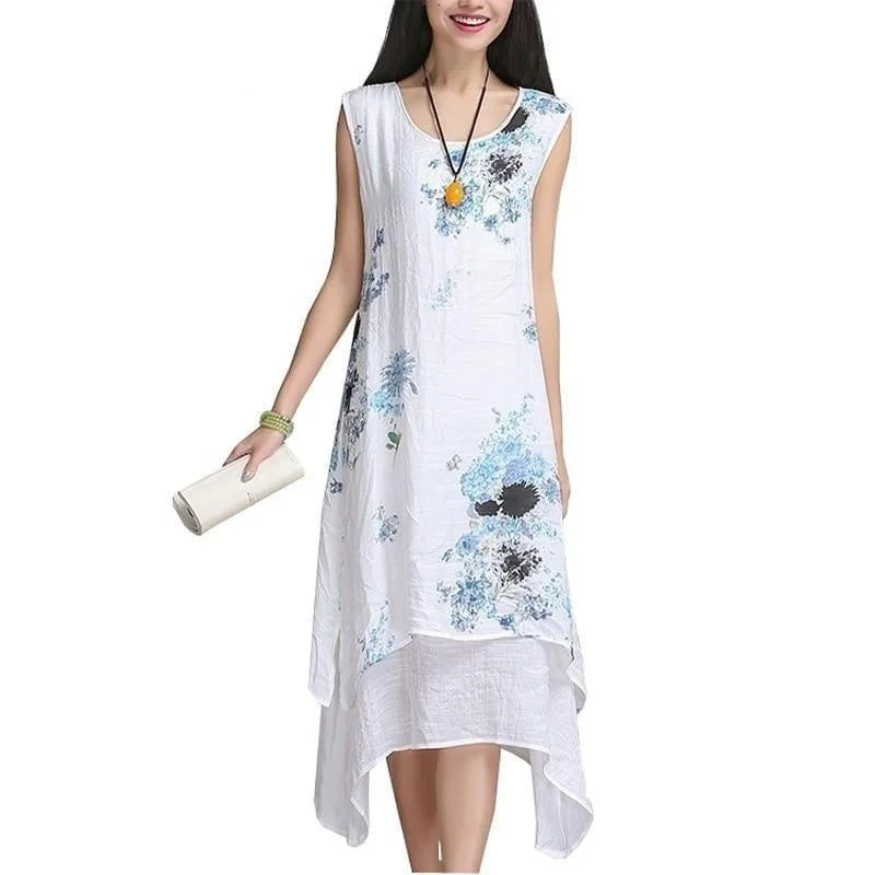 Chic Clothing For Women Spring Offer Asian Style Loose Fit Summer Dress Sleeveless Women Casual Cotton Linen Midi Dress