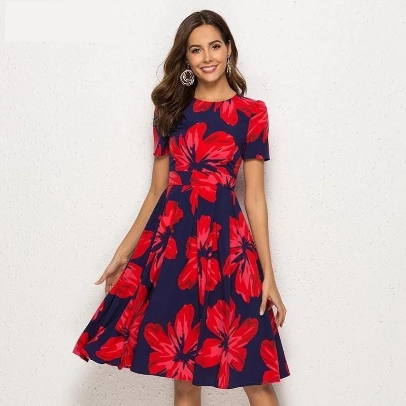 Women's Fashionable Clothing Sets Gift Ideas Floral Print Short Sleeve Dress