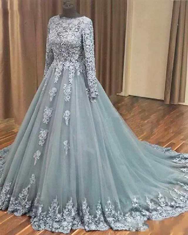 Women's Trendy Garments End-Of-Season Clearance Vintage Long Sleeves Blue Wedding Gown Party Dress for Bride WD10117