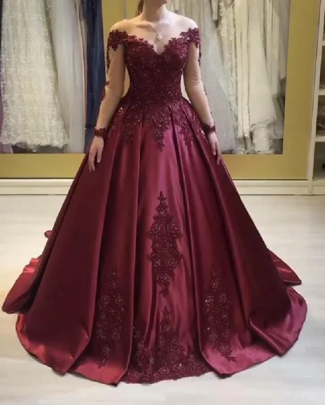 Comfortable Women's Attire Comfortable Chic Burgundy Long Sleeves Ball Gown Wedding Dress,Women Lace Beading Formal Gown PL10419