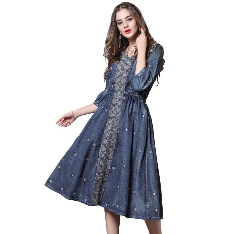 Comfortable Lounge Clothing Holiday Attire Sale V-Neck A-Line Vintage Embroidery Denim Dress