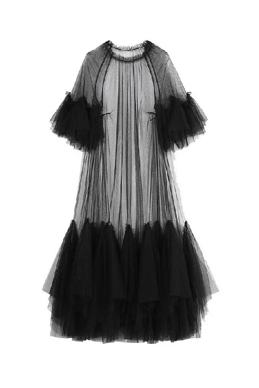 Women's Professional Garments Fast Fashion Favorites Floaty Ruffle Crew Neck Short Sleeve A Line Sheer Layer Tulle Maxi Dress