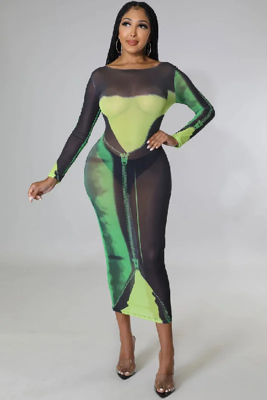 Women's Plus-Size Apparel Quick Grab Deals Sexy Round Neck Tie Dye Printed Long Sleeve Sheer Mesh Midi Dress - Green