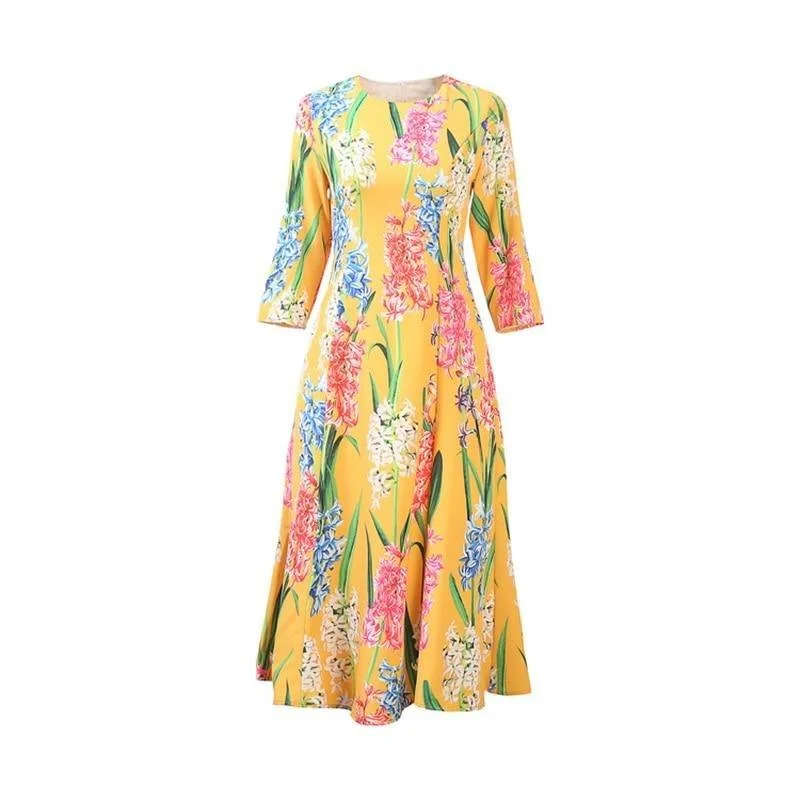 Women's Comfy Loungewear Outfit Massive Savings Yellow Flower Pattern Print Elegant Midi Dress