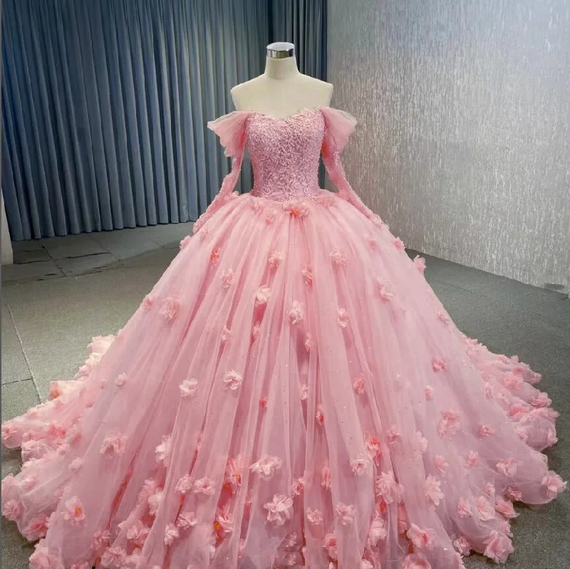 Women's Trendy Attire Limited Time Offer Pink/Coral Ball Gown Wedding Dress ,Girls 3 D Flowers Sweet 16 Dresses Long Sleeves WD2473