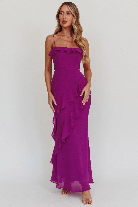 Women's Holiday Attire Trendy Fashion Sale Actual Sunshine Ruffle Trim Maxi Dress Plum