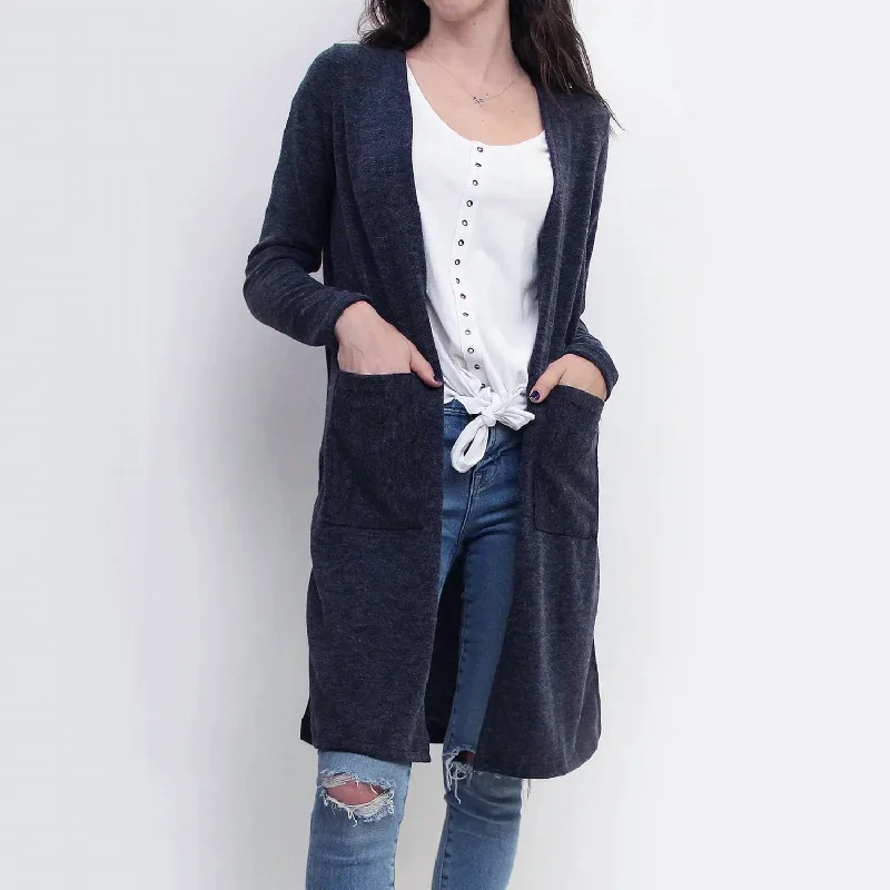 Women's Comfortable Lounge Outfit Boutique Styles Mohaire Side Slit Pocket Cardigan In Navy