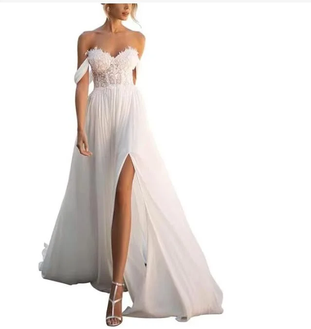 Women's Elegant Evening Outfit Essentials On Sale Sexy Slit Beach Wedding Dress Summer Off the Shoulder Lace White Bridal Gown