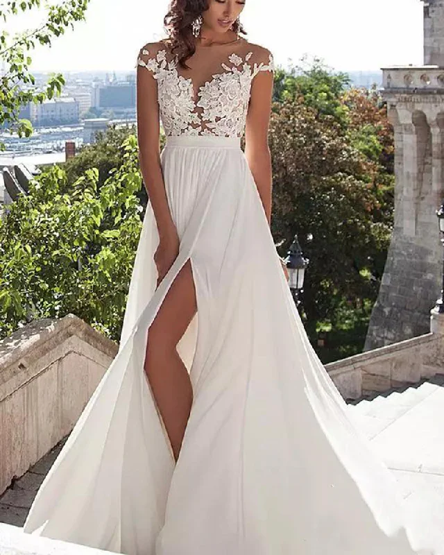 Women's Workout Clothing Contemporary Fashion Sale Siaoryne LO0926 Sexy Nude See Through Lace Cap Sleeves Split Long Ivory Chiffon Beach Wedding Dresses Bridal Gown