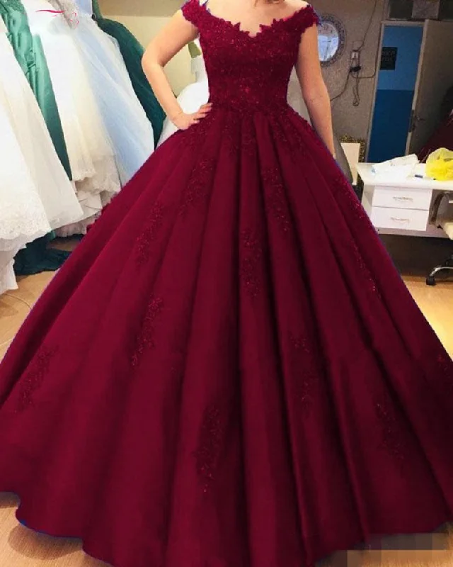 Women's Formal Event Attire Trendy Threads Burgundy Red Lace Ball Gown Wedding Dresses Princess Formal Evening Gown Vestido Debutante PL10308