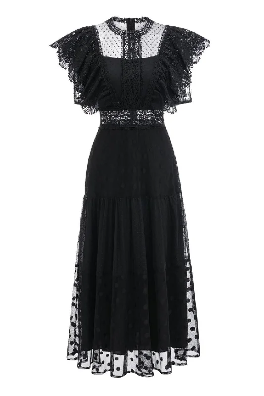 Women's Holiday Attire Budget Friendly Retro Floral Embroidered Butterfly Sleeve Polka Dot Tulle Evening Maxi Dress