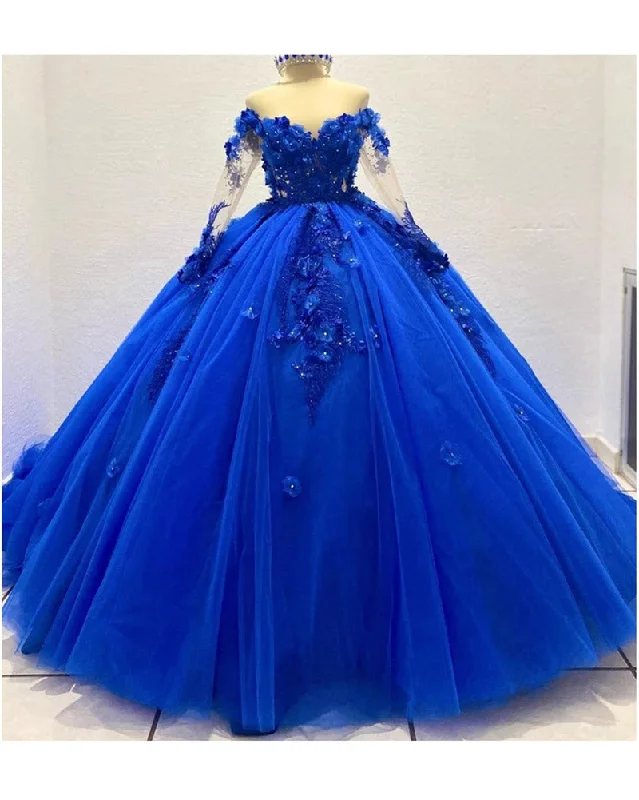 Women's Occasion Wear Apparel Casual Chic Ball Gown Royal Blue Wedding Dress ,Off the Shoulder Quinceanera dress with Lace PL3218