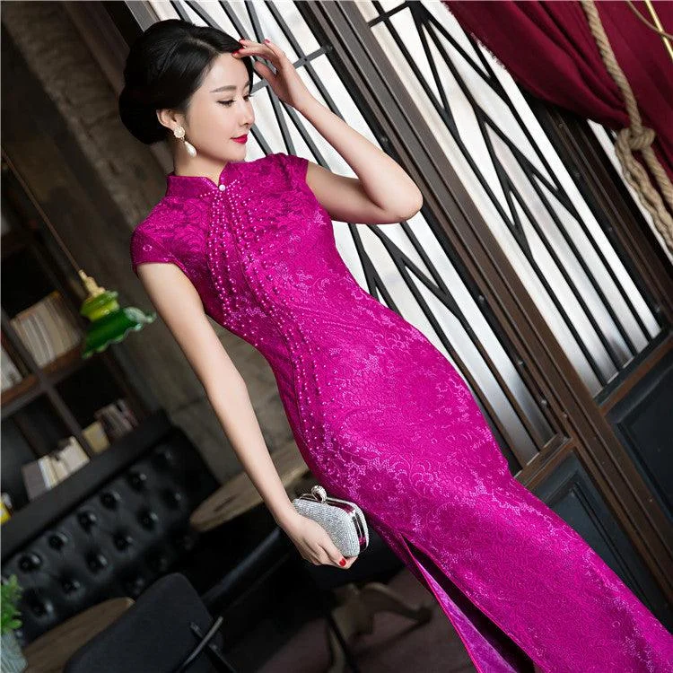 Women's Outerwear Attire Unleash Your Trend Driven Style Purple Cheongsam Chinese Female Lace Qipao Dress