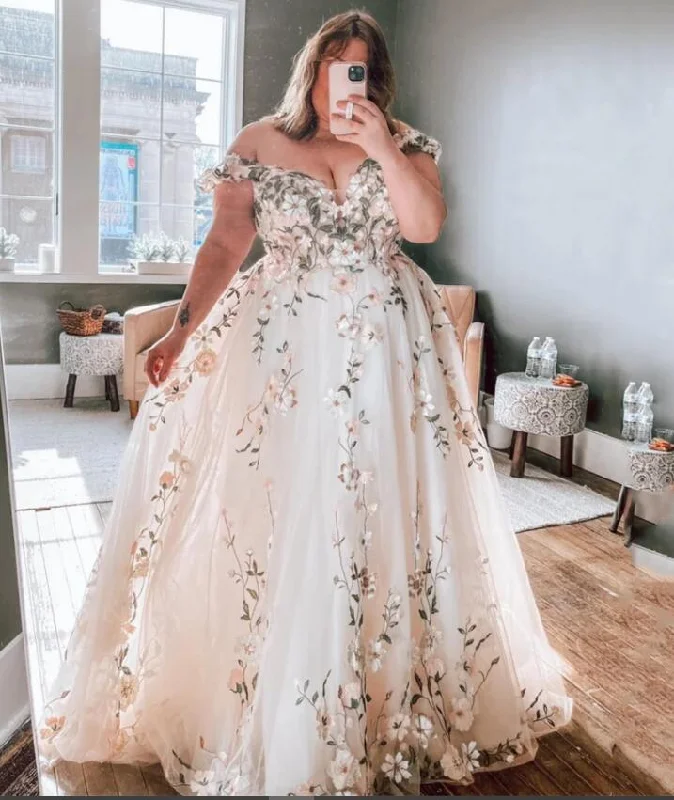 Women's Casual Attire New Styles Just In Floral Plus Size Prom Dress Off Shoulder Flower A-line Wedding Dress  Embroid Vestidos De Noche PL24733